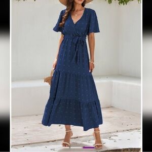 Swiss dot Navy Blue Tiered Maxi Faux Wrap Dress with Self Tie, XL